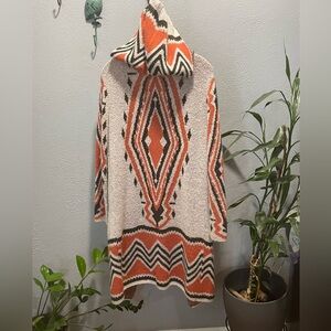 Sun & Shadow Geometric Pattern Knit Long Cardigan with Hood